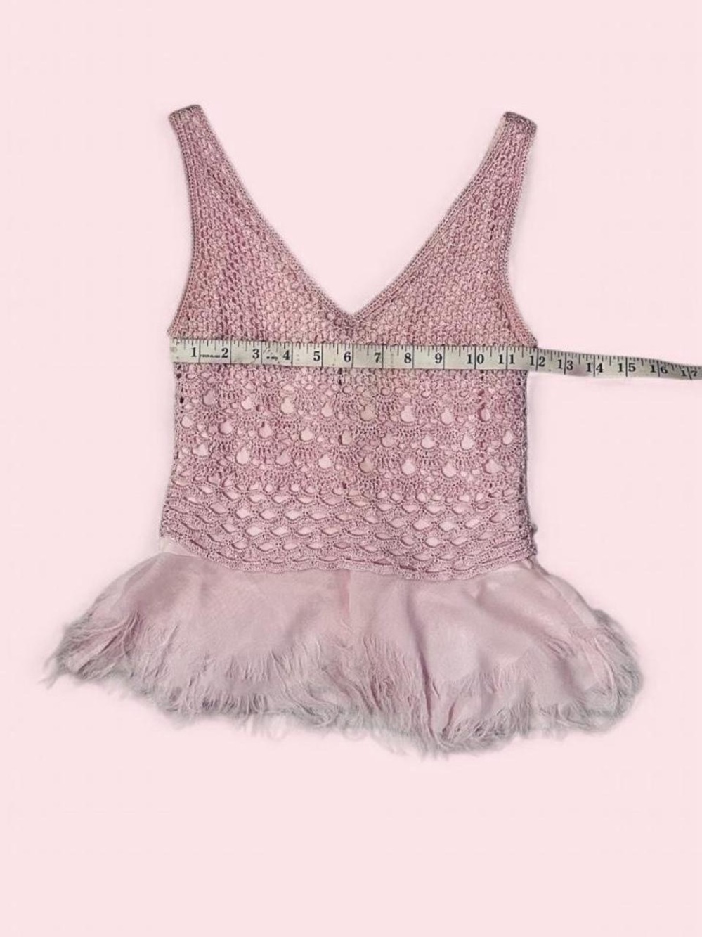 Knit Lace & Feather Trim Tank Top - Light Pink
